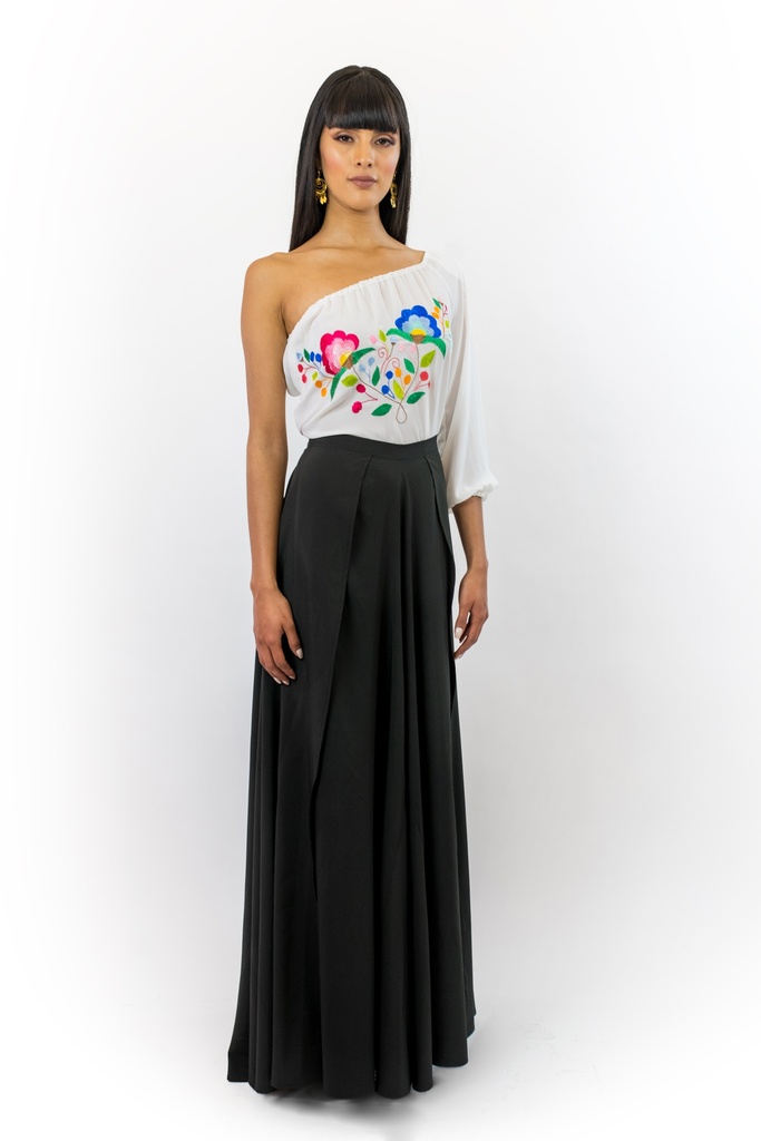 Blusa Campesina Clavelitos de 1 hombro descubierto (Blanco-Marfil, S)